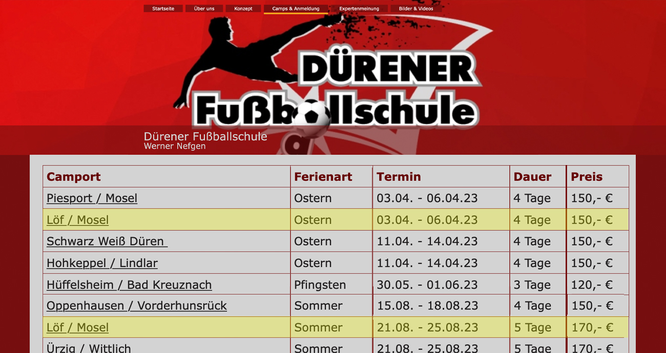 Dürener Fußballschule 2023 | Screenshot Internetseite Dürener Fußballschule